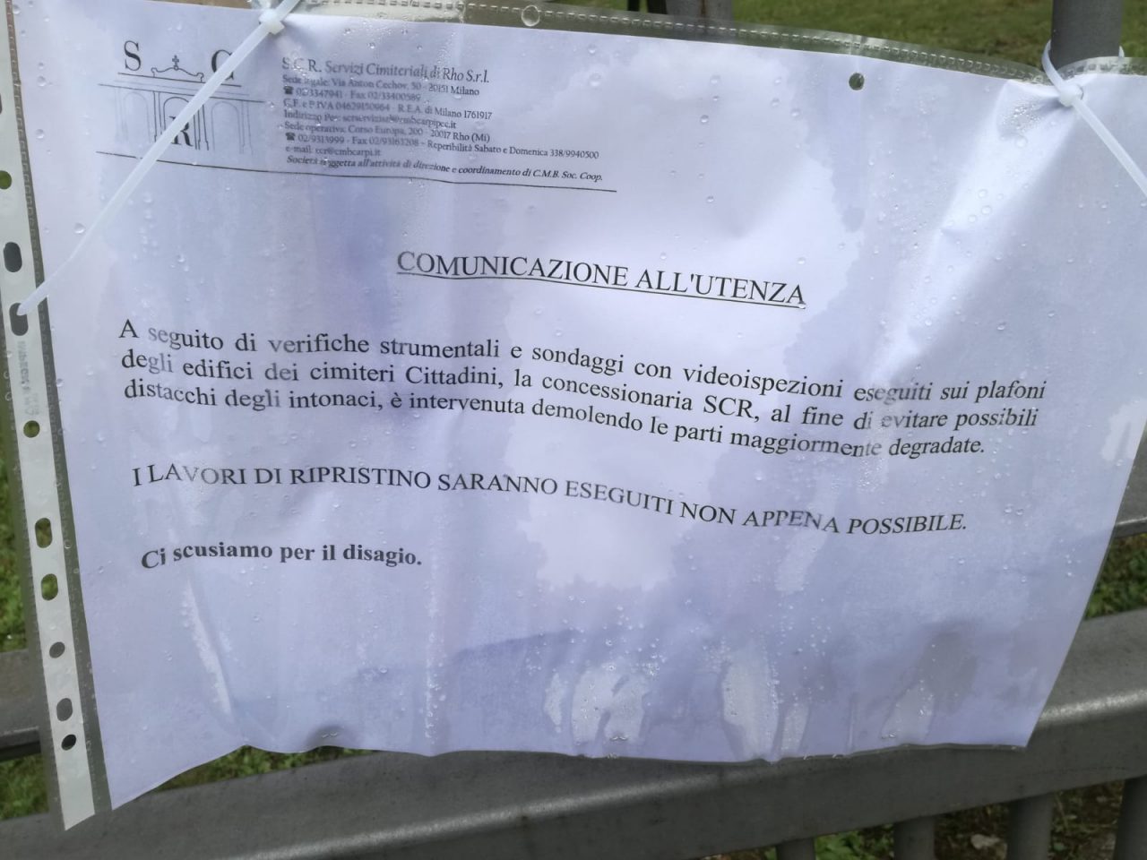 Cimiteri Rho intonaci pericolanti: lavori in corso