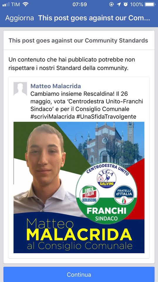 Elezioni Rescaldina, rimossa immagine del profilo di Matteo Malacrida