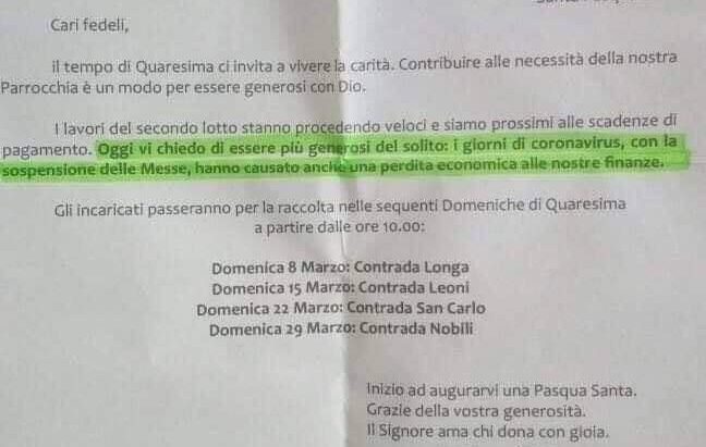 Niente messe, niente offerte e il parroco batte cassa: “Il Signore ama chi dona con gioia”