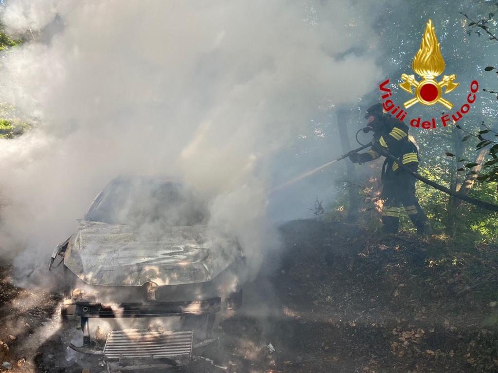 Pompieri nei boschi per un’auto in fiamme