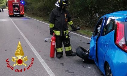 Terribile scontro: motociclista fa un volo di metri e finisce nel bosco