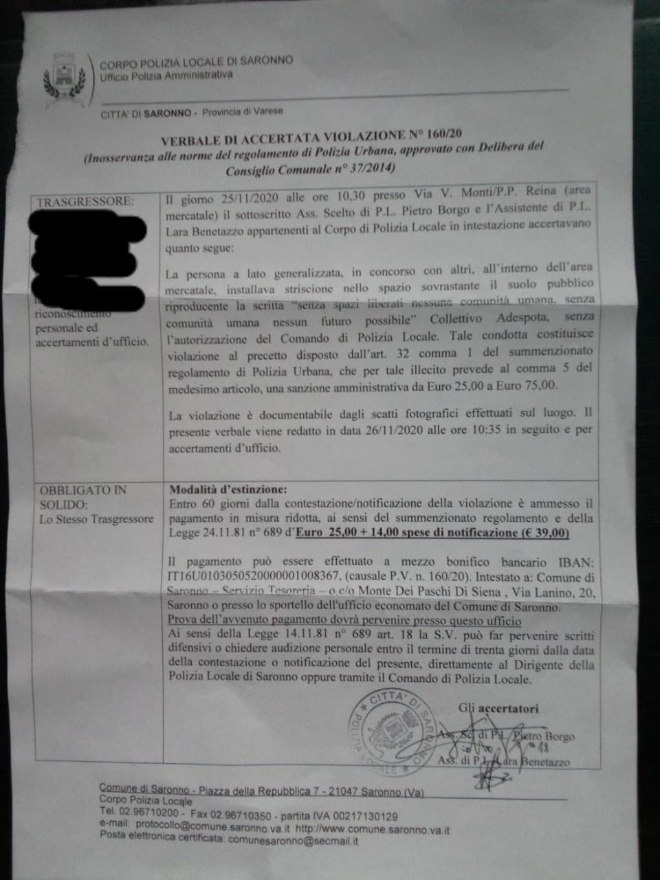 Striscione al mercato di Saronno, sanzionato il Collettivo Adespota