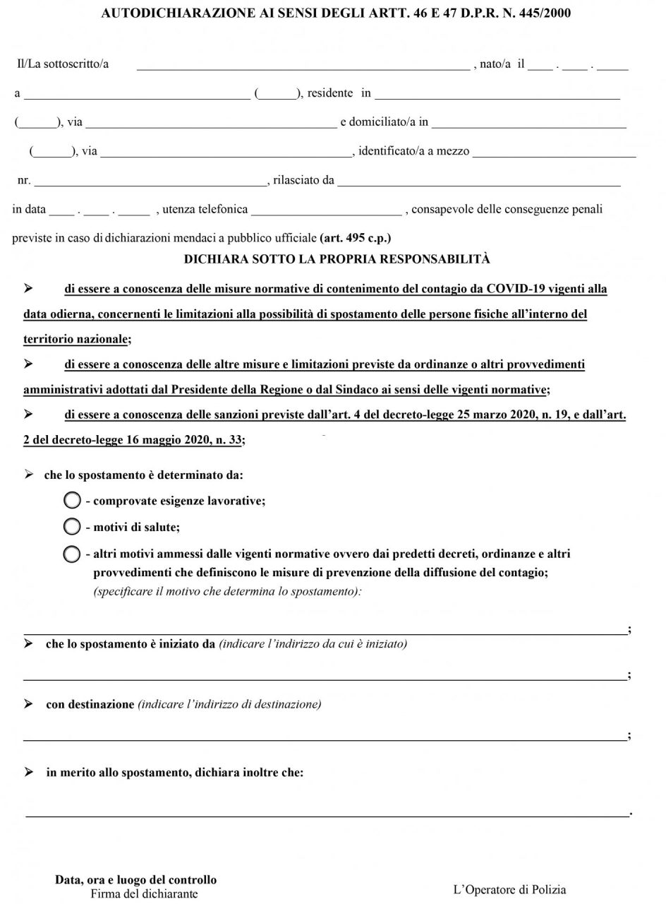Zona rossa: ecco l’autocertificazione per gennaio 2021