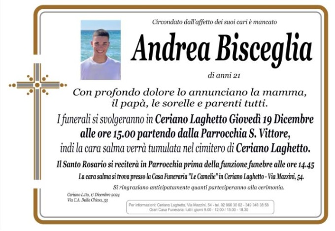 Si svolgeranno domani i funerali del giovane Andrea Bisceglia