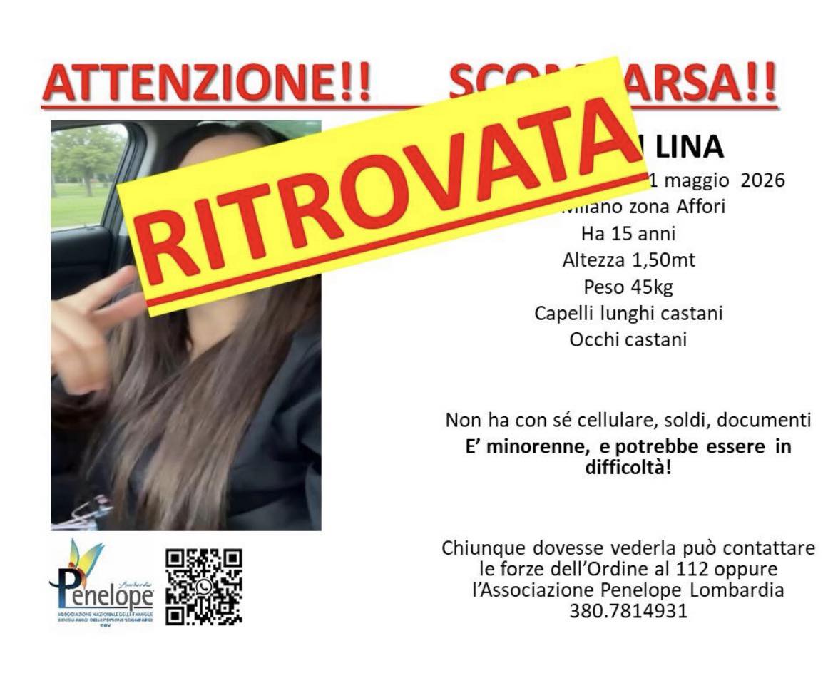 E’ stata ritrovata la  15enne scomparsa da Milano dall’11 maggio